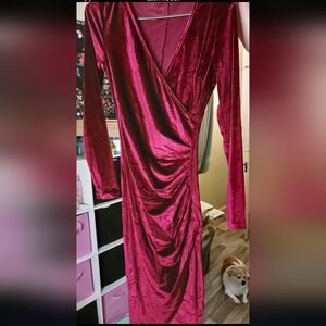 Women's Elegant Velvet Long Sleeve Wrap V Neck Ruched Bodycon Dress Size Small